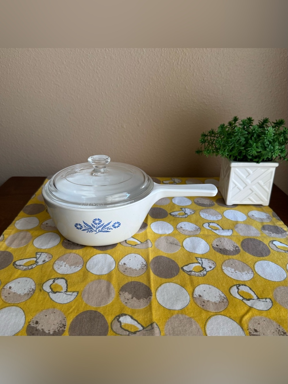 Vintage Corningware white Cornflower blue casserole pot with handle and lid